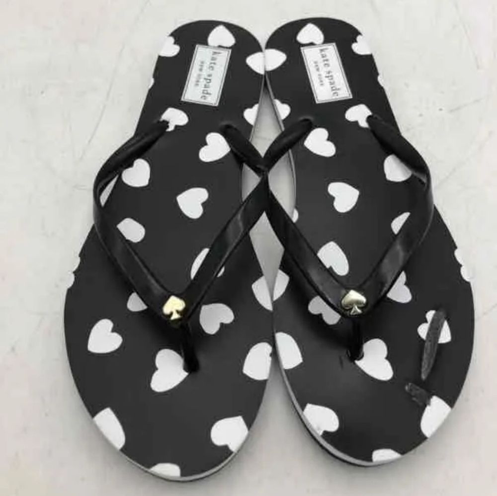 Kate Spade New York Nassau Black w Wht Hearts Thongs Flip Flop Flat sandals sz7M